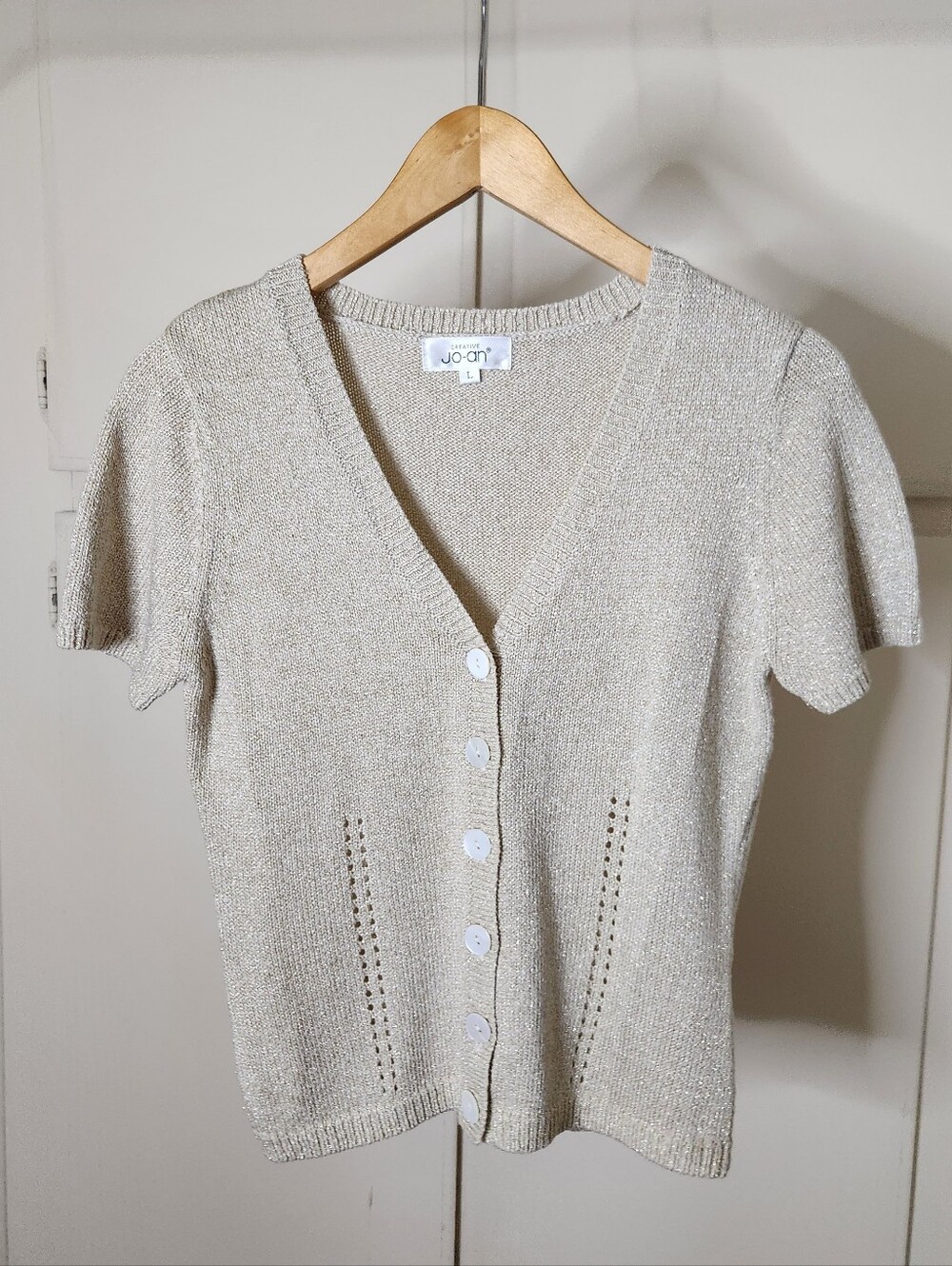 Joan beige/tan and gold knitted short sleeves cardigan with buttons
